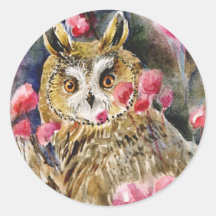Owl blossom watercolor painting round sticker