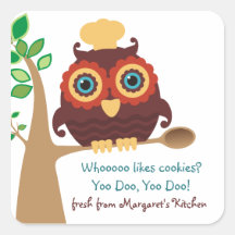 Owl chef wooden spoon cooking baking food label square sticker