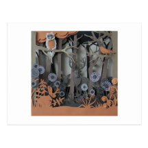 owl & deer in autumn woods postcards