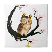 Owl on a sakura ceramic tiles
