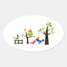 Owl Owls Birds Winter Snow Cute Tree Cartoon Oval Sticker