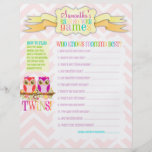Owl Twin Girls "Baby Shower Games" Activity Sheet Personalized Flyer
