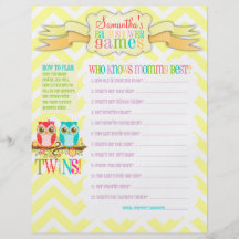 Owl Twins "Baby Shower Games" Activity Sheet Flyers