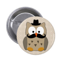 Owl with Moustache and Hat Pinback Button
