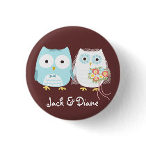 Owls Wedding Bride and Groom with Custom Text Buttons