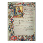 Page of musical notation with a historiated cards