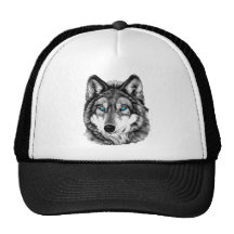 Painted Wolf Grayscale Blue Eyes Mesh Hat