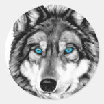 Painted Wolf Grayscale Blue Eyes Round Stickers