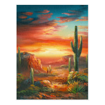 Painting Of A Colourful Desert Sunset Painting Postcard