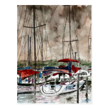 painting of sail boats at night fishing beach art postcards