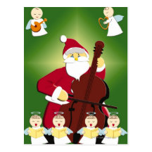 Painting of Santa Claus playing cello with Postcards