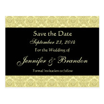 Pale Gold & Black Damask Save The Date Postcard