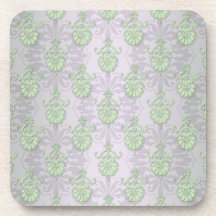 Pale Green and Silvery White Damask Beverage Coaster