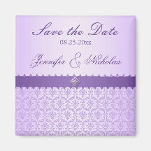 Pale Lilac Metallic Damask & Ribbon Save the Date Fridge Magnet