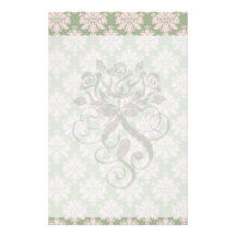 pale pink on sage green ornate damask pattern stationery design