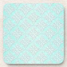 Pale Teal Green and White Damask Pattern Coaster