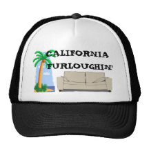 palm tree cartoon, couch, CALIFORNIA FURLOUGHIN' Trucker Hat