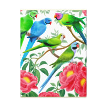 Parakeets in Peonies Wrapped Canvas Canvas Print