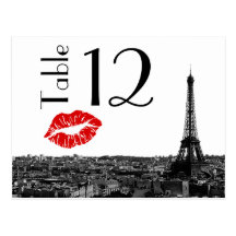 Paris France Skyline Kiss #1 BW Table Number Card Postcards
