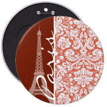 Paris; Orange Damask Pinback Buttons