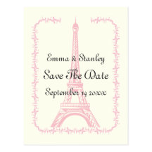 Paris wedding pink Eiffel Tower Save the Date Postcard
