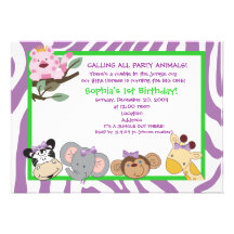 PARTY ANIMALS Baby Girl 1st Birthday Jungle 5x7 Custom Announcement