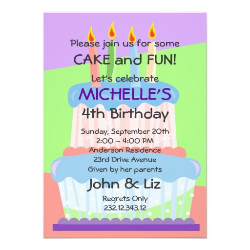 Pastel Fun Colours Cake Girl's Birthday Party Personalized Invitations