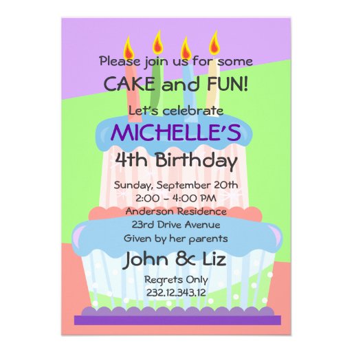 Pastel Fun Colours Cake Girl's Birthday Party Personalized Invitations Pastel Fun Colours Cake Girl's Birthday Party Personalized Invitations