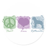 Pastel Peace, Love, and Rottweilers Round Stickers
