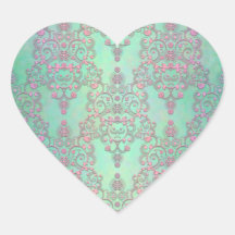 Pastel Pink over Mint Green Floral Damask Heart Sticker