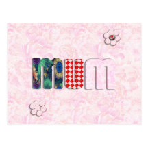 Patchwork 'MUM'  on Pink Rose Background Postcard