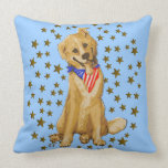 "Patriotic Pup" -- Dog With Flag Bandanna & Stars Throw Pillow