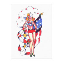 Patriotic Sailor Girl Tattoo Art Wrapped Canvas Stretched Canvas Prints
