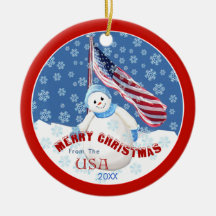 Patriotic Snowman and Flag Christmas Ornament