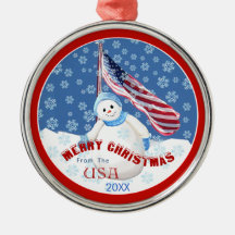 Patriotic Snowman and Flag Christmas Ornament