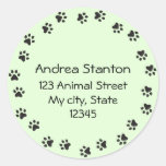 Paw print circle address label - green sticker