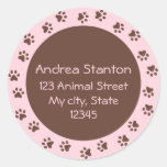 Paw print circle address label - pink and brown stickers