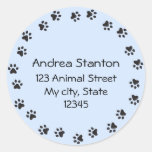 Pawprint circle address label - blue round sticker