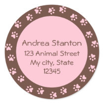 Pawprint circle address label - pink and brown round sticker