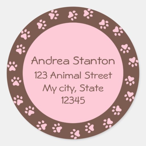 Pawprint circle address label - pink and brown round sticker
