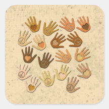 PEACE AND LOVE IN HANDS SQUARE STICKERS