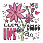Peace Love Hope and Flowers Square Stickers
