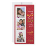 Peace Love Joy Festive Swirl Photo Collage in Red Customized Photo Card