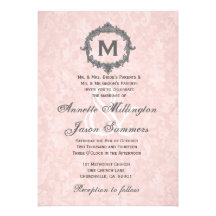 Peach Damask Grey Vintage Frame Monogram Wedding Invitation