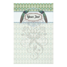 peacock aqua sage green diamond damask pattern customized stationery