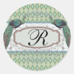 peacock aqua sage green diamond damask pattern round sticker