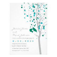 Peacock Blue Love Birds in Tree with Grey Leaves Personalised Announcement