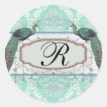 peacock design and aqua blue damask design round sticker