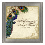 Peacock & Feather Formal Wedding Silver Metallic Personalised Invitation