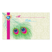 Peacock feather jewel heart wedding place card business card template